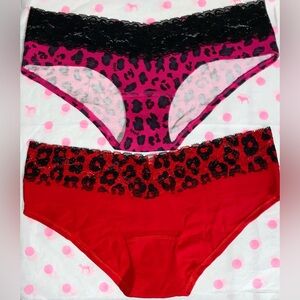 2 new vintage Victoria’s Secret PINK lace hipster panties bundle red leopard